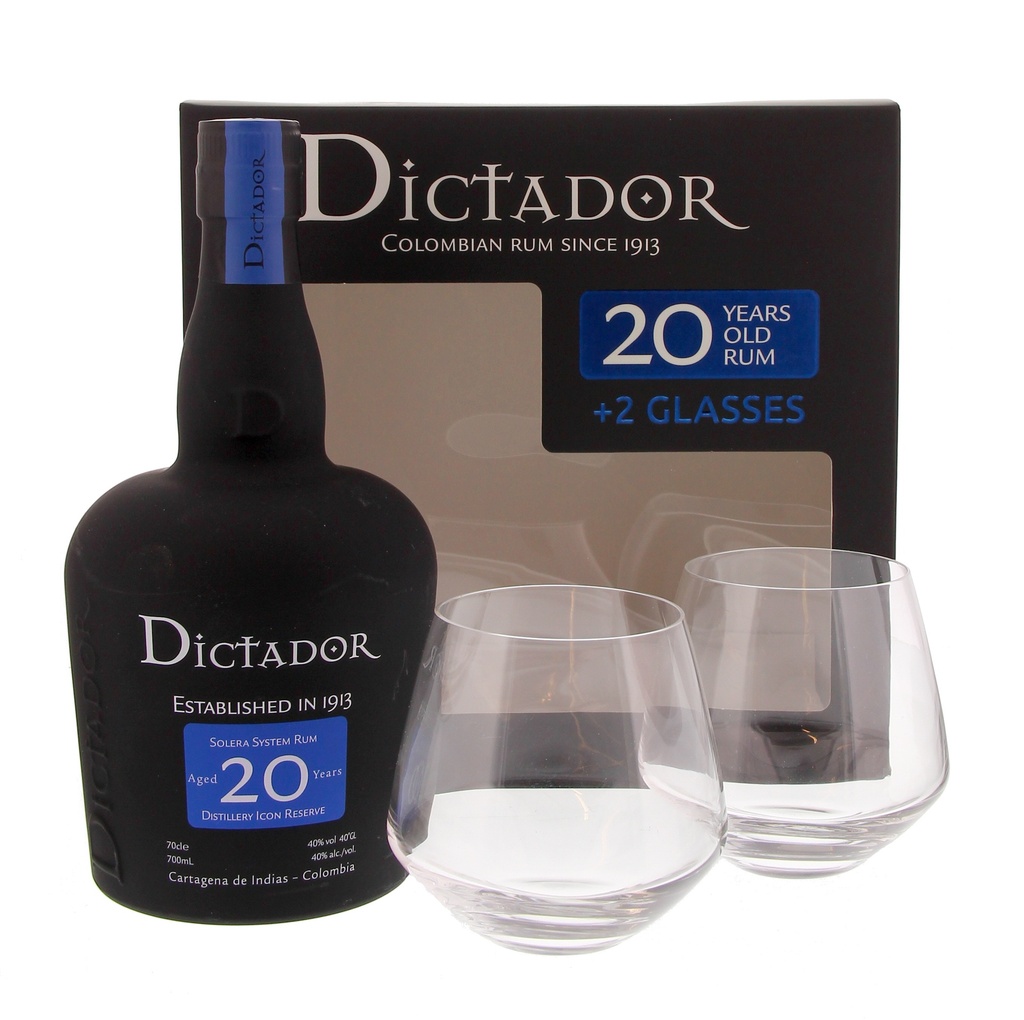 Dictador 20 Years + Glasses 70cl 40° (R) GBX x6