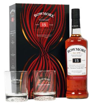 Bowmore 15 YO Darkest + 2 glasses 70cl 43° (NR) GBX x6